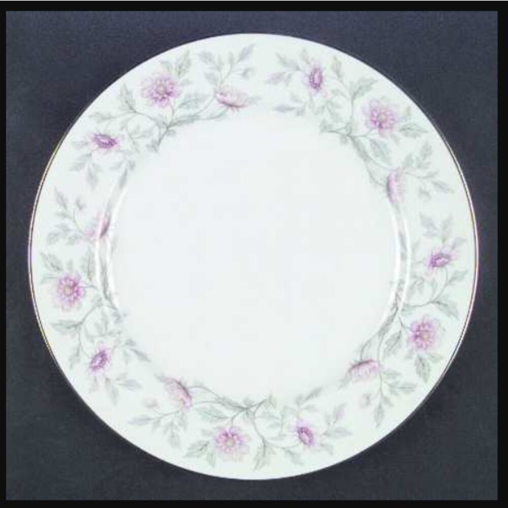 Dinner Plate SHALIMAR by Valmont Pink Flower gray leaves gold band 10 1/4"